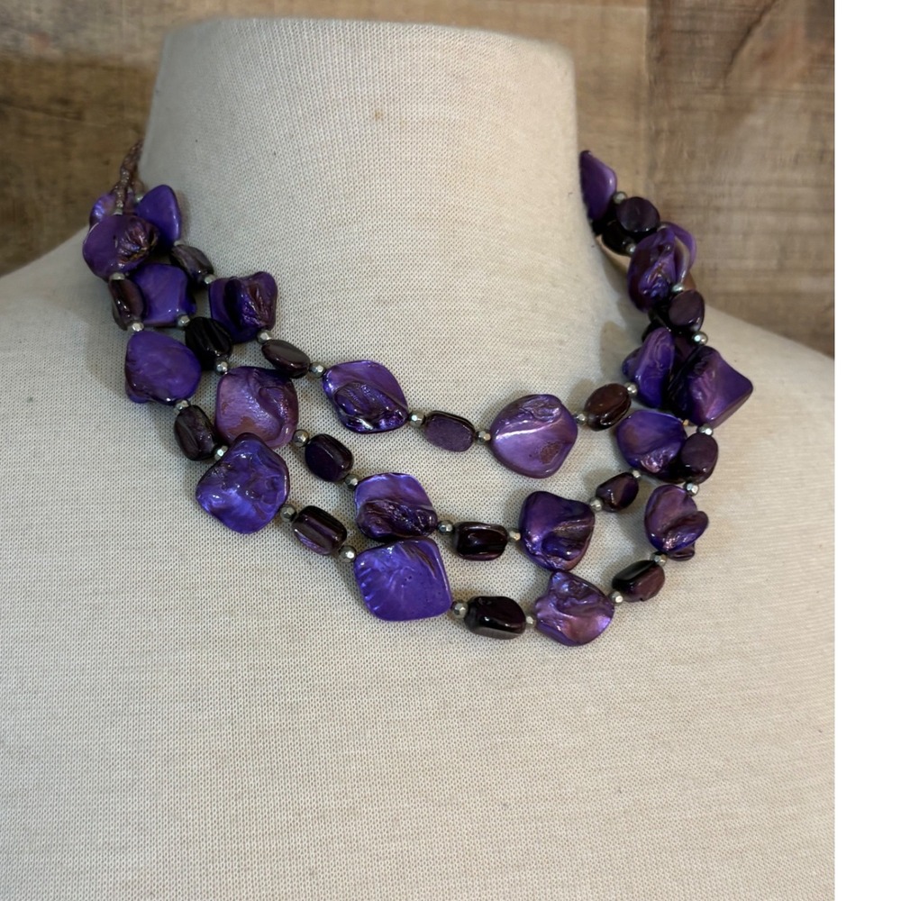 Purple Abalone Shell Multi-Strand Statement Necklace Adjustable Iridescent